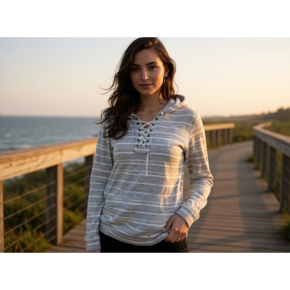 Billabong Women's Gray‎ Striped Lace-Up Hoodie Relaxed Fit Casual Y2K Sz M